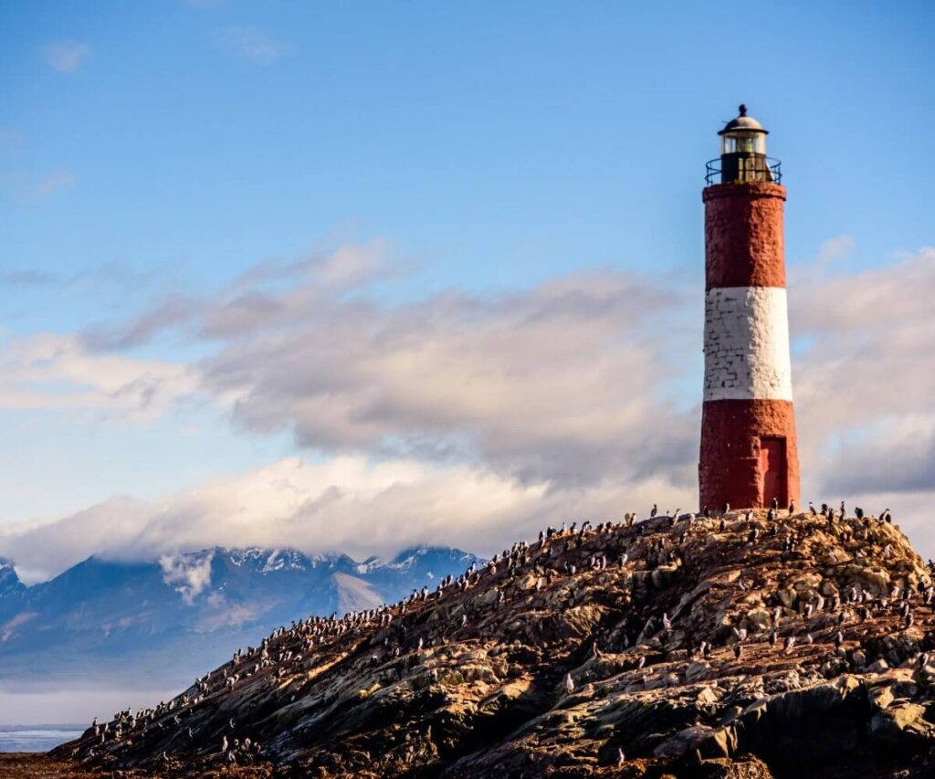 The iconic Les Eclaireurs Lighthouse (End of the World Lighthouse) in the Beagle Channel near Ushuaia, Argentina.