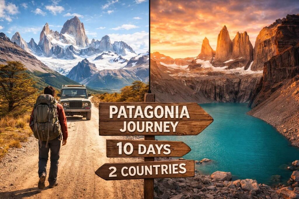 Patagonia split-screen travel image showing Mount Fitz Roy in Argentina and Torres del Paine in Chile with a central sign reading “Patagonia Journey: 10 Days, 2 Countries.